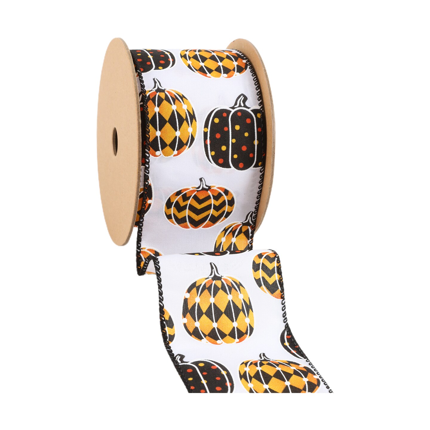 LaRibbons 2 1/2&#x22; Wired Ribbon | Black/Orange Pumpkin on White | 10 Yard Roll