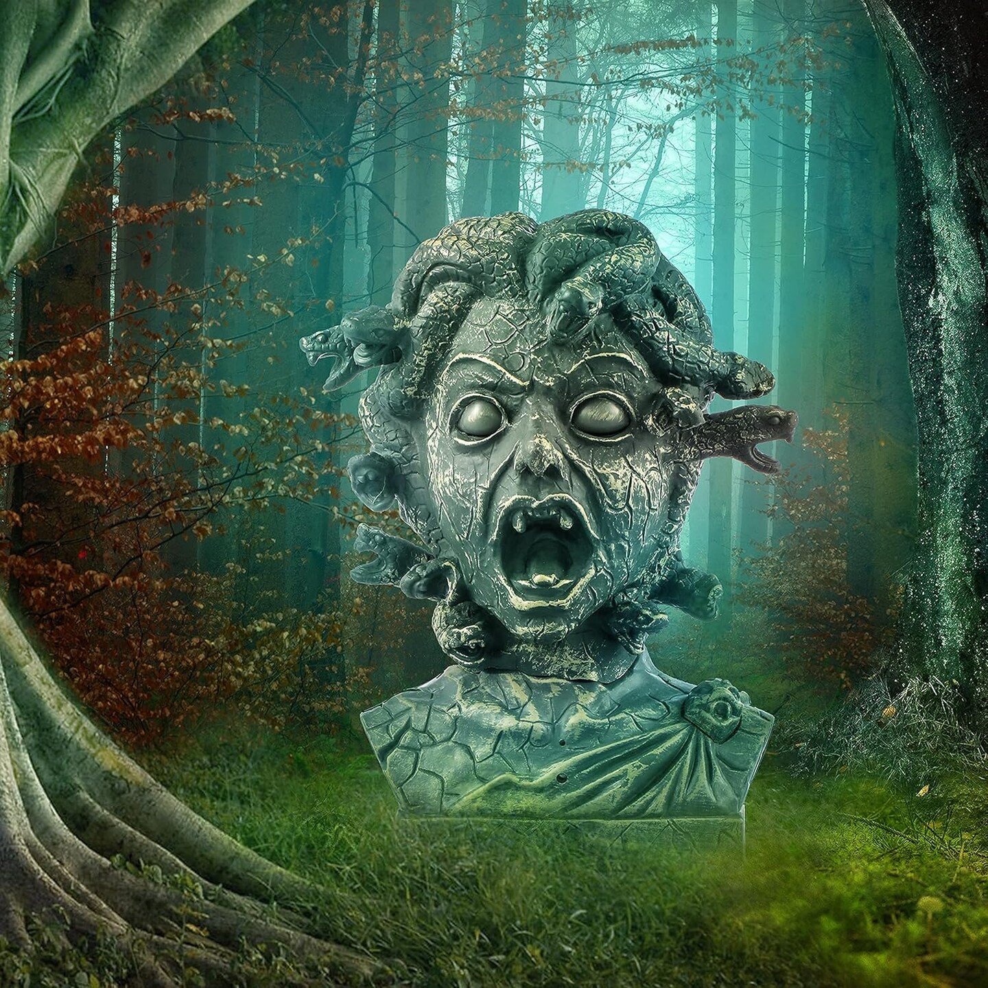 12 inch Electronic Animated Medusa Bust,Indoor/Outdoor Halloween Decoration(Brown - Snake Head)