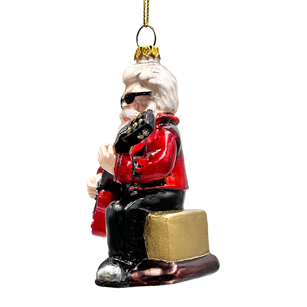 Rock Guitarist Santa Claus Glass Christmas Ornament, Rocker Musician Gift