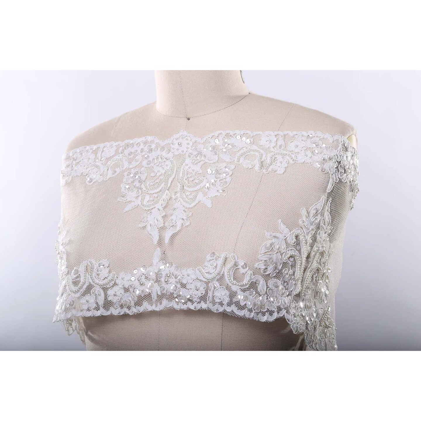 1 Yard White 9" Wide Sequin & Beaded Bridal Lace Trim Elegant Mesh with Pearls