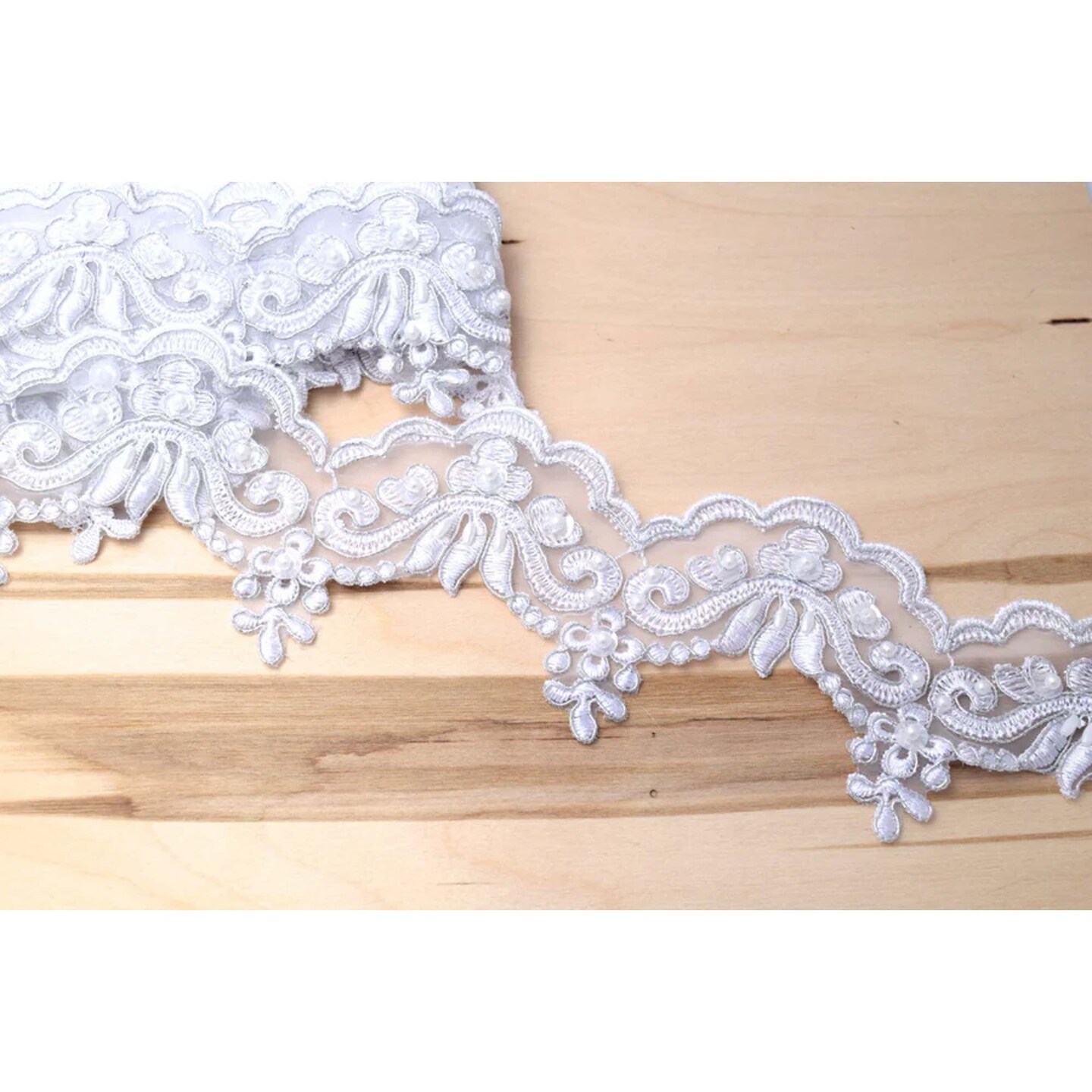 1 Yard 2.5" Wide Metallic Silver Bridal Lace Trim Chiffon with Pearls & Sequins