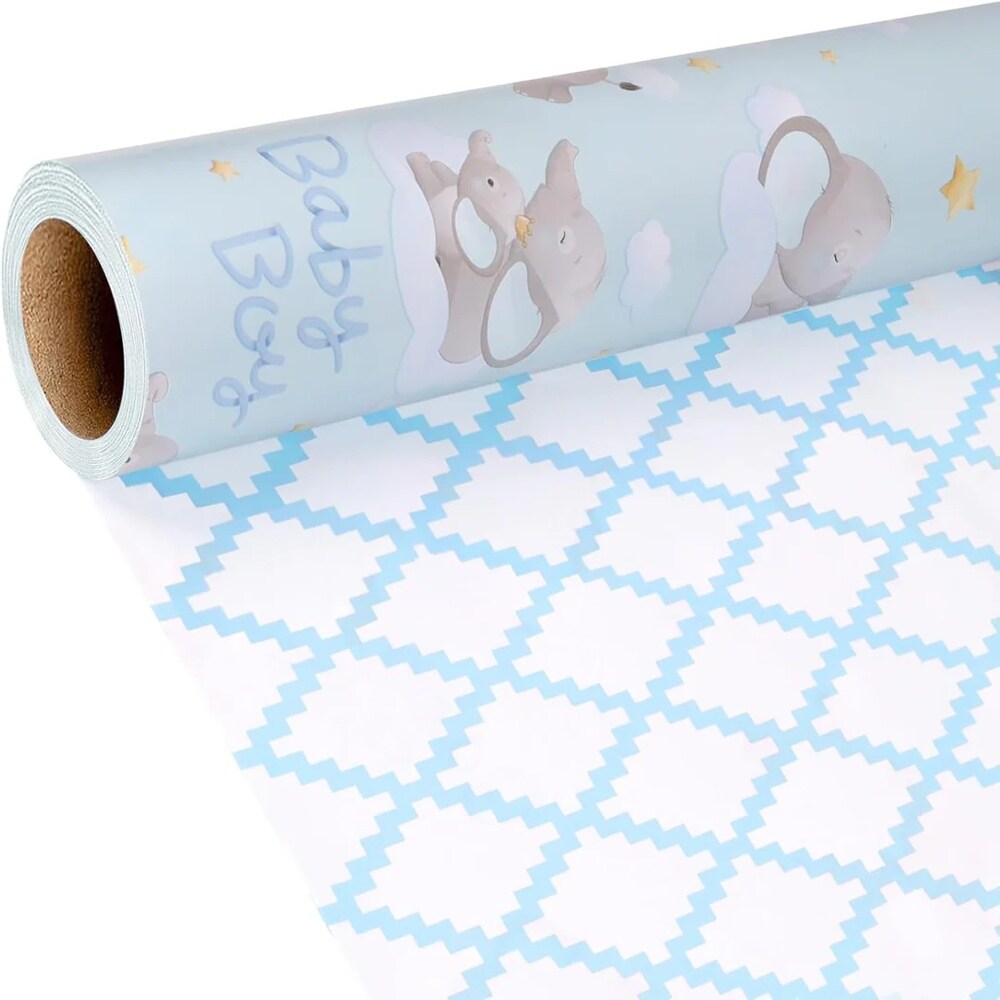 LaRibbons 17" X 33' Reversible Wrapping Paper | Baby Elephant w/ Quilted Back