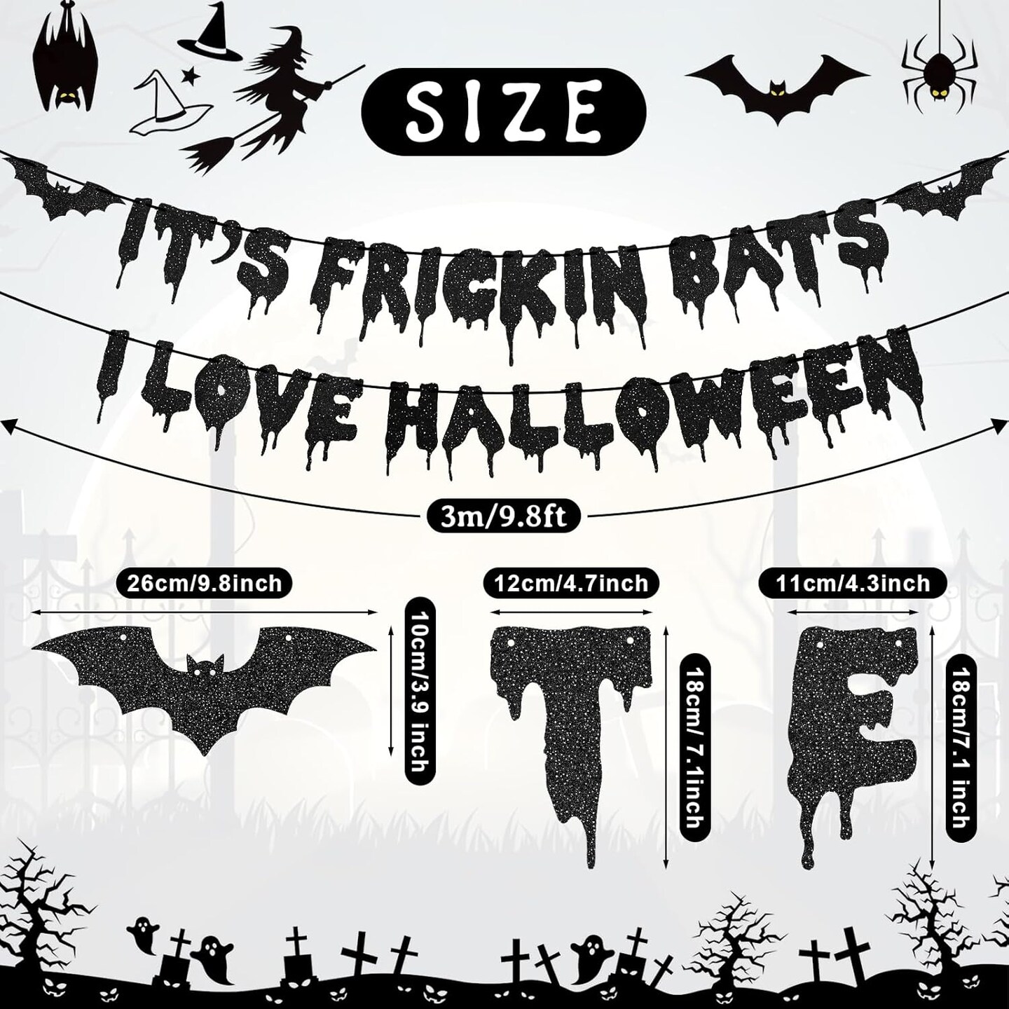 Black Glitter It&#x27;s Frickin Bats I Love Halloween Banner