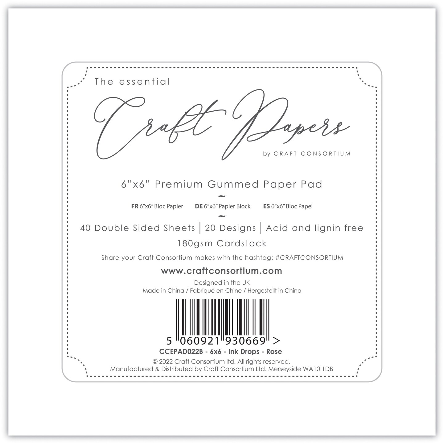 Craft Consortium Double-Sided Paper Pad 6"X6" 40/Pkg-Ink Drops - Rose, 20 Designs