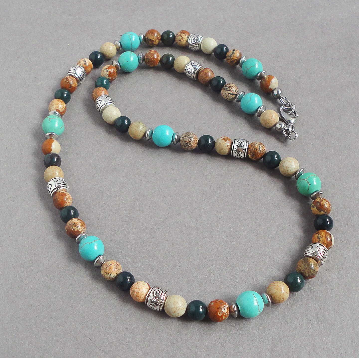 Natural Stone Beaded Necklace for Men, Blue Green Magnesite
