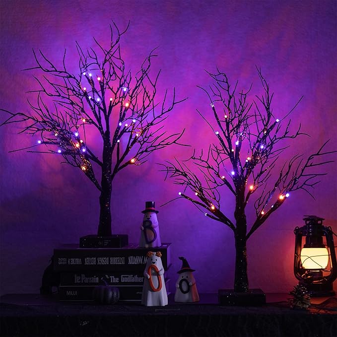 2FT Halloween Battery Operated Tree Lights with Spider Web and Spider, Indoor Table Desktop Holiday Decorations (Purple &#x26; Orange)