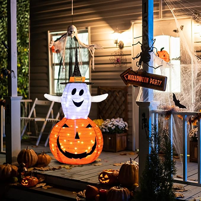 3FT Halloween Collapsible Pumpkin Decorations with 8 Lighted Mode for Outdoor Indoor Garden Yard Porch Home Party Decor(75 LED Light Up)