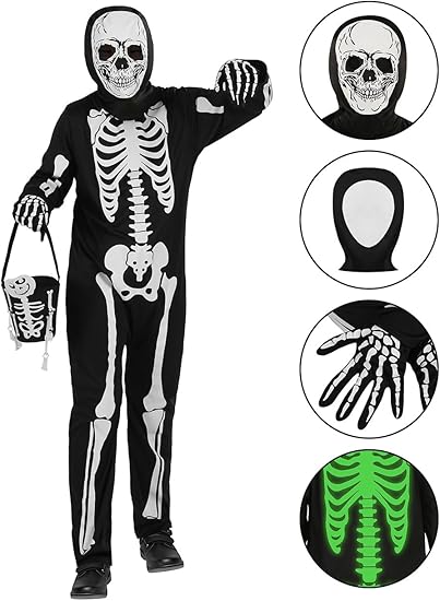Halloween Skeleton Costume for Kids,Both Sides Glow in The Dark, Skeleton Jumpsuit with Skeleton Bag