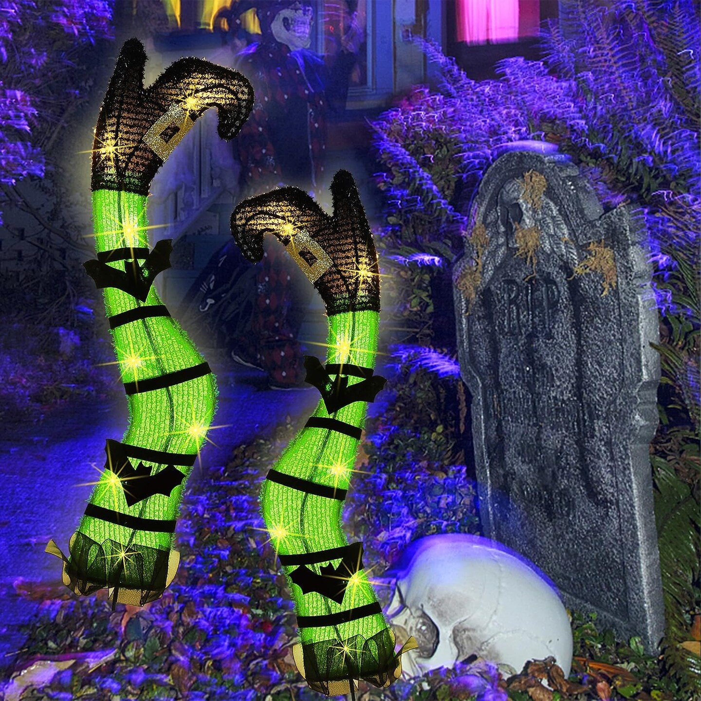 Set of 2 Halloween Lighted Wicked Green Witch Legs Stake with Bats
