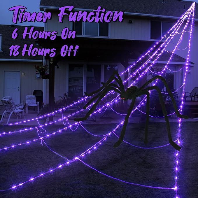 Spider Webs Halloween Decorations Outdoor 290 LED Halloween Spider Web Lights Decoration with 78.7" Large Spider & 3.53 oz Stretch Cobweb 23 Ft Giant Lighted Web with 8 Modes (Purple)