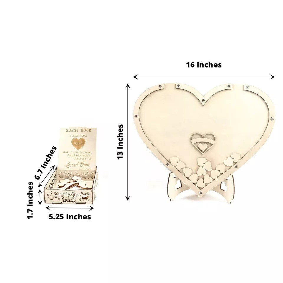 13&#x22; Natural Wooden Heart Drop Top Frame Wedding Guest Book Sign Set Party Event