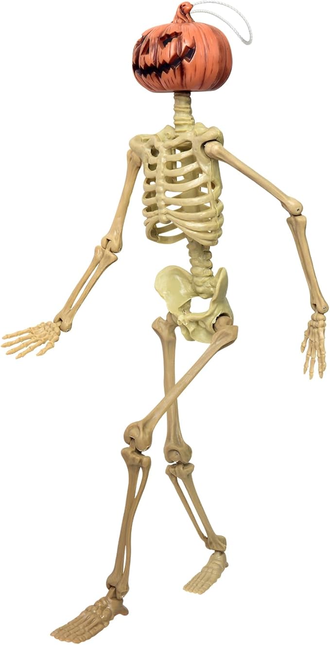 16in Halloween Posable Skeleton Pumpkin Full Body Skeleton Decor with Movable Joints Spooky Hanging Ghost Skeleton for Yard Garden Lawn Haunted House Graveyard Props