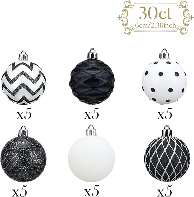 Christmas Ornaments Tree Decorations, 30ct Black and White Shatterproof Christmas Ball Ornaments Set, 2.36 Inch Modern Decorative Hanging Ornament Bulk for Xmas Holiday Party Decor