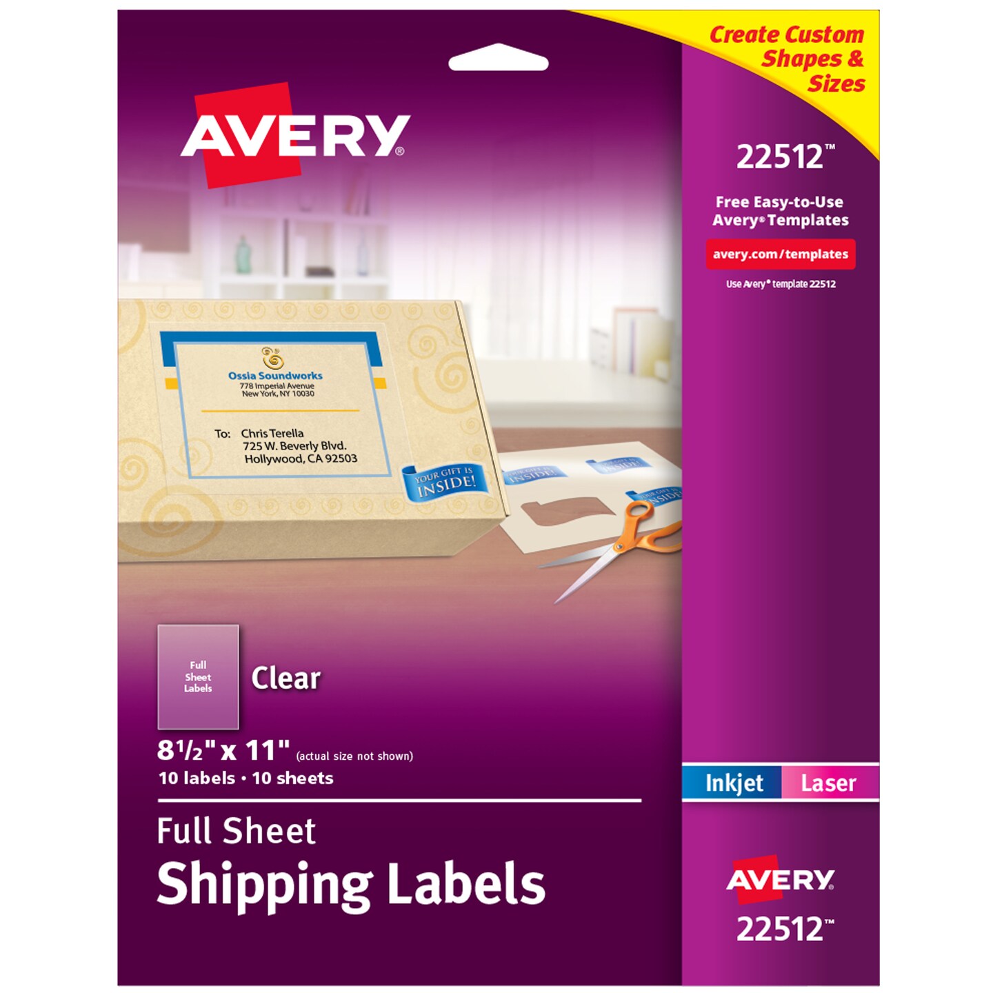 Avery Shipping Labels, 8.5&#x22; x 11&#x22;, Matte Clear Labels, Permanent, Laser/Inkjet, 10 Printable Labels (22512)