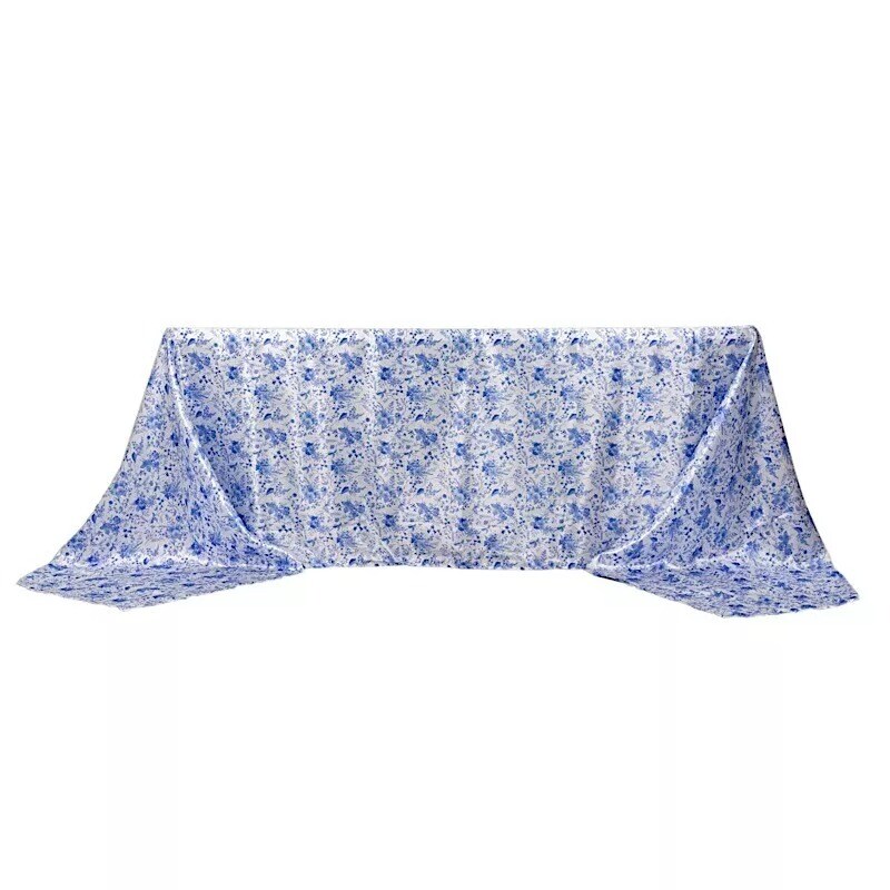 90&#x22; x 156&#x22; White Blue Floral Satin Rectangular Tablecloth Party Home Decorations