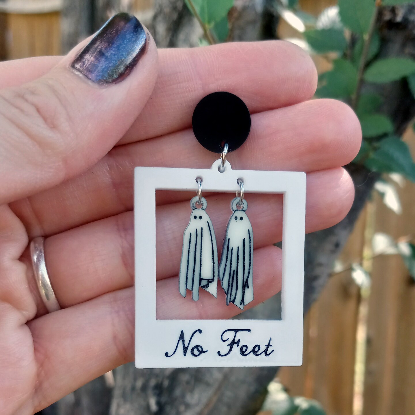 Glow In The Dark Ghost Polaroid Dangle Stud Earrings, Halloween