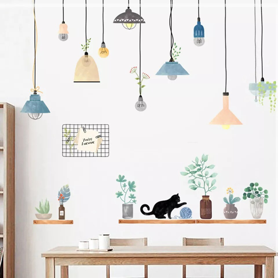 Green Wall Stickers Potted Plants with Shelves and Lamps Removable PVC Bedroom