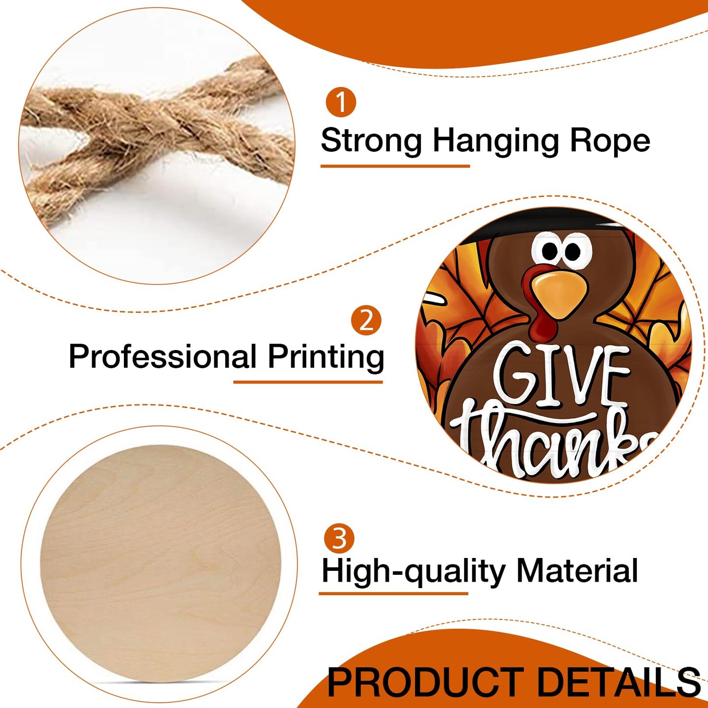 Deroro Give Thanks Sign Turkey Front Door Decor Thanksgiving Day Wood Door Hanger, Fall Wooden Thankful Wreath Hanging Decoration for Outdoor Outside Porch