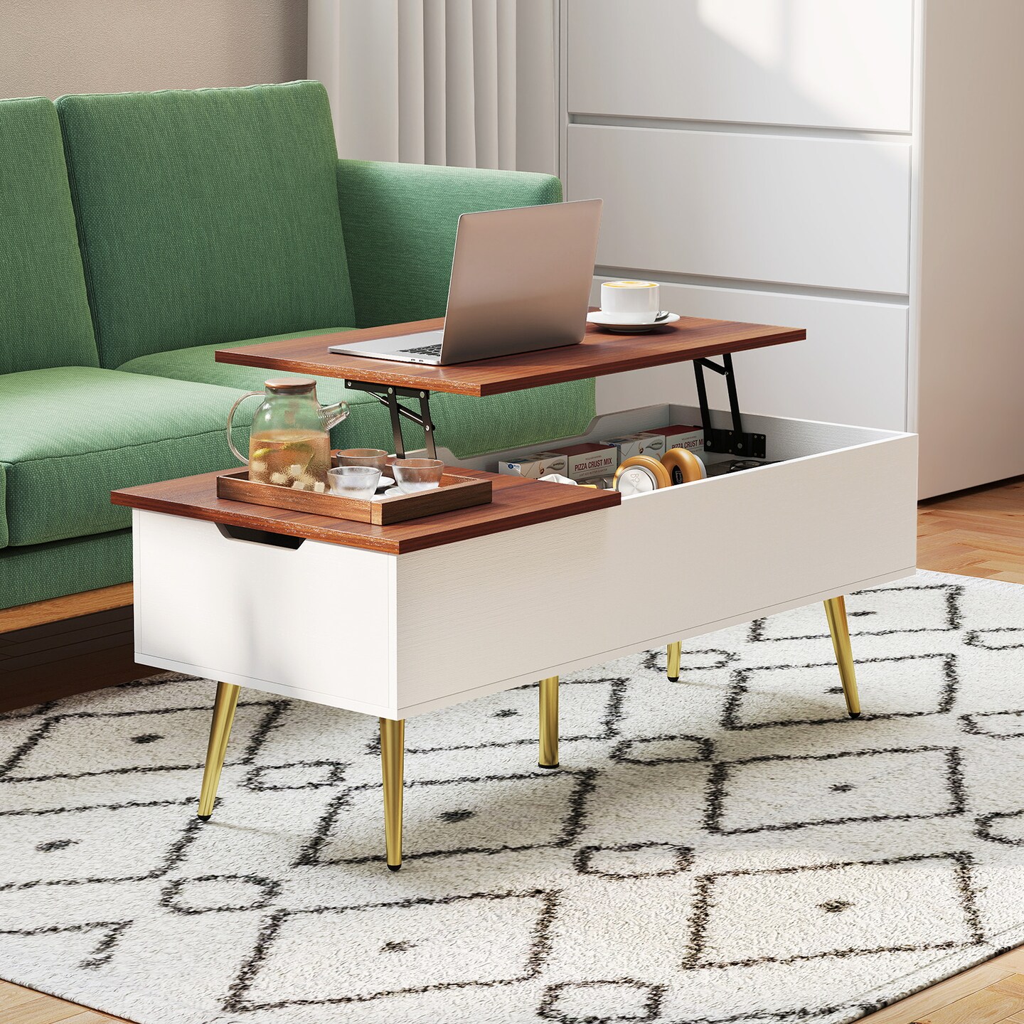 Walnut Engineered Wood Steel Lift-Top Coffee Table with Storage Compartments