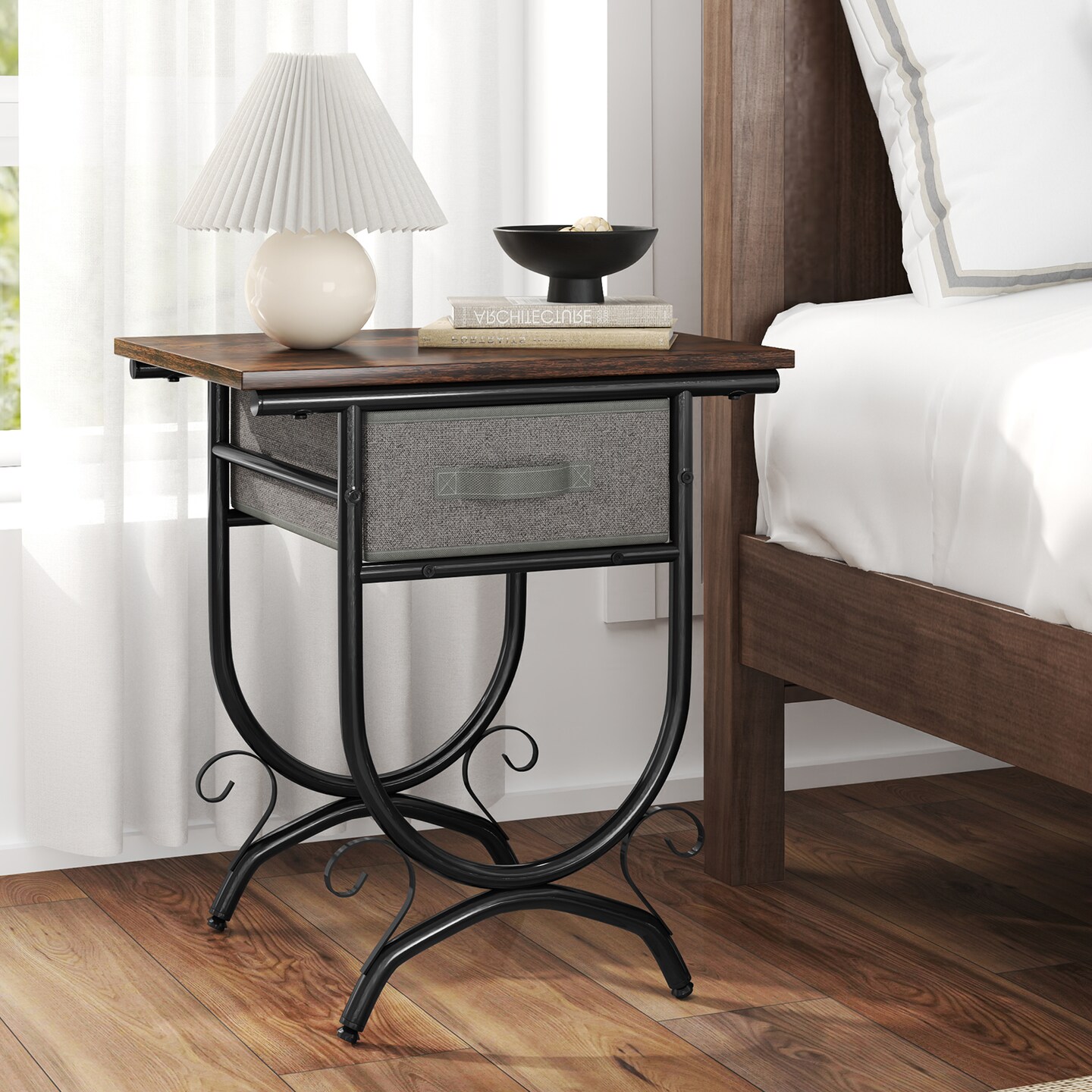 Engineered Wood Metal Side Table with Fabric Drawer and Adjustable Feet
