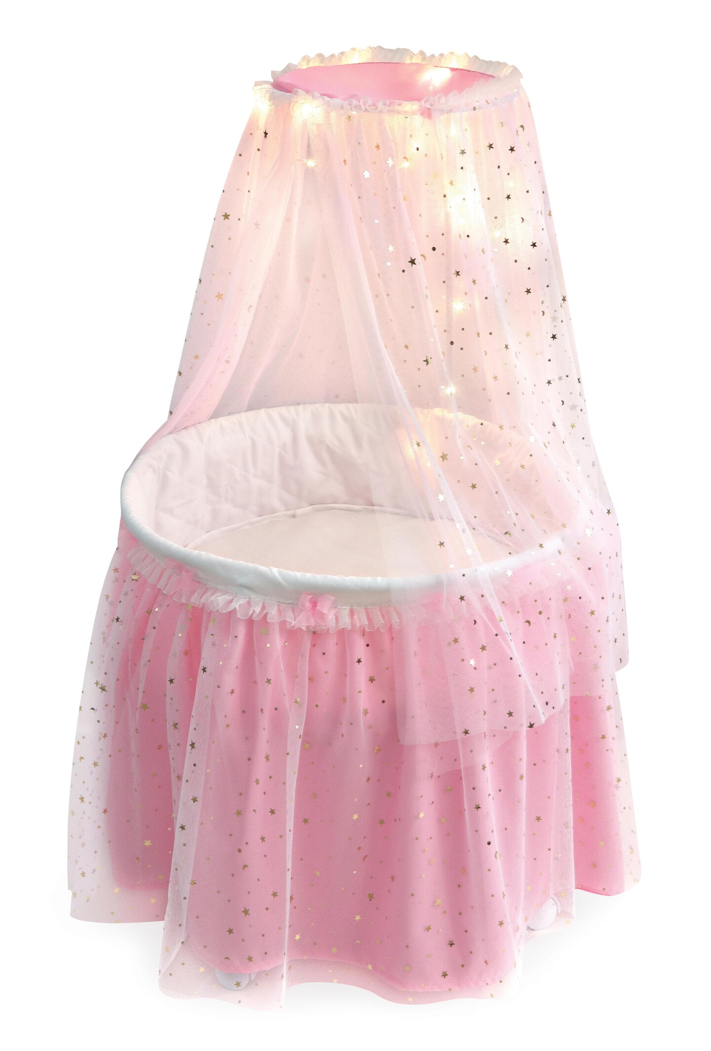 Badger Basket Sweet Dreams Round Doll Bassinet with Canopy and LED Lights - Pink/White/Stars