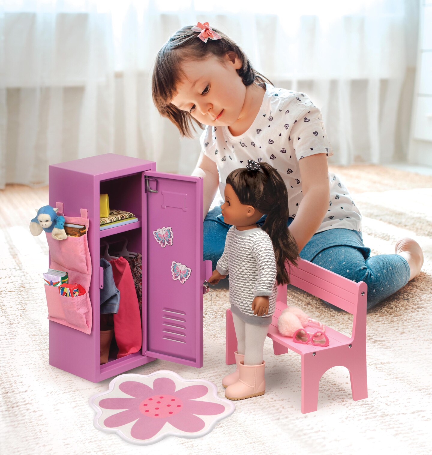 Badger Basket School Style Single Doll Locker Set with Bench, Rug