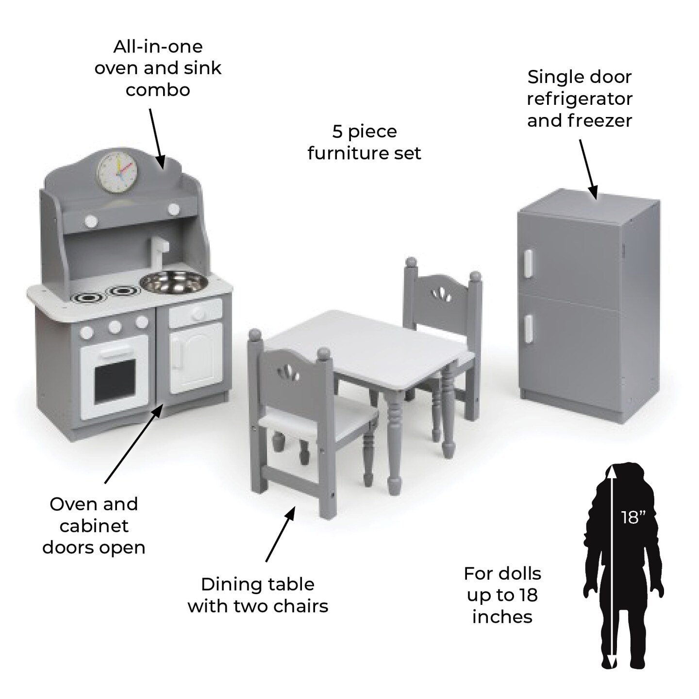 Badger Basket Kitchen Furniture Set for 18 inch Dolls - Gray/White