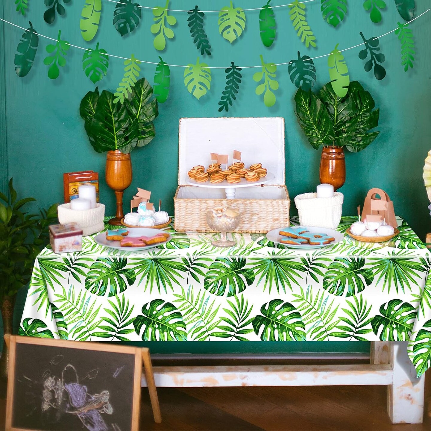 2 Pieces Palm Leaf Table Covers Hawaii Green Leaves Tablecloths Tropical Leaf Table Cloths and 2 Pieces Palm Leaves Banners