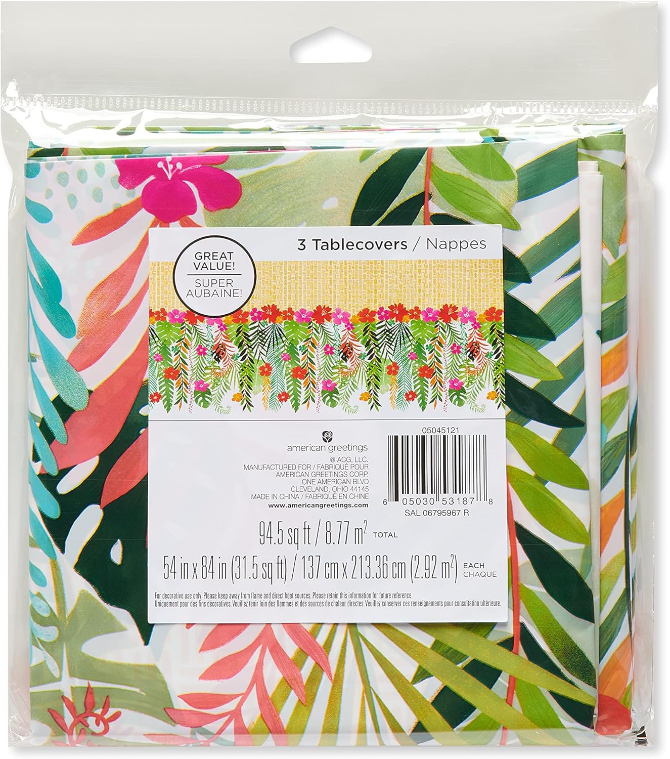 Tropical Luau Party Supplies for BBQs and All Summer Parties, Plastic Table Covers (3-Count)