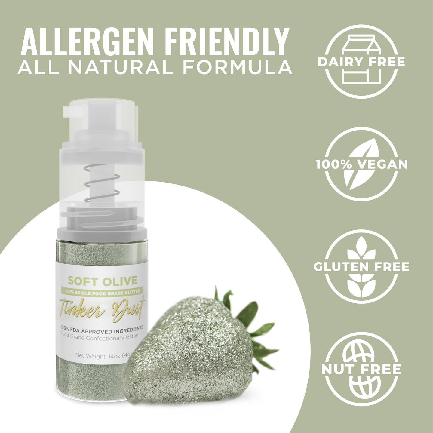 Bakell - Soft Olive Tinker Dust Edible Glitter (4g, 1x Spray Pump) for Food, Desserts, and Beverages!