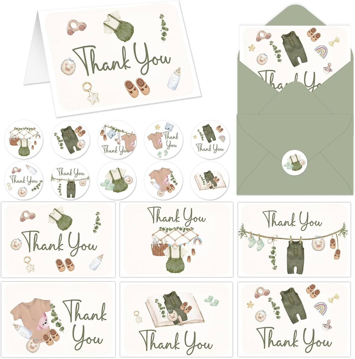 48 Pack Baby Shower Thank You Cards Vintage Green Clothes Note Cards with Envelopes Stickers Sage Green