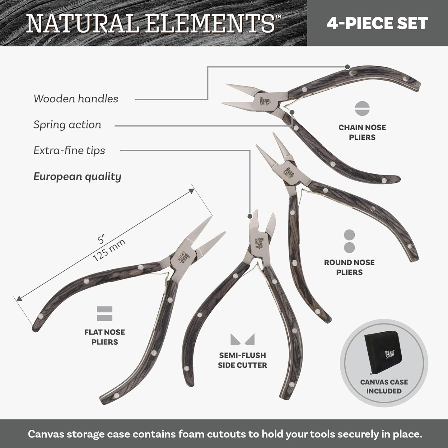 The Beadsmith Wooden Pliers Set - Natural Elements - Chain Nose, Round Nose, Flat Nose, Side Cutter and Canvas Carrying Case, Black Color, Tools for Jewelry Making