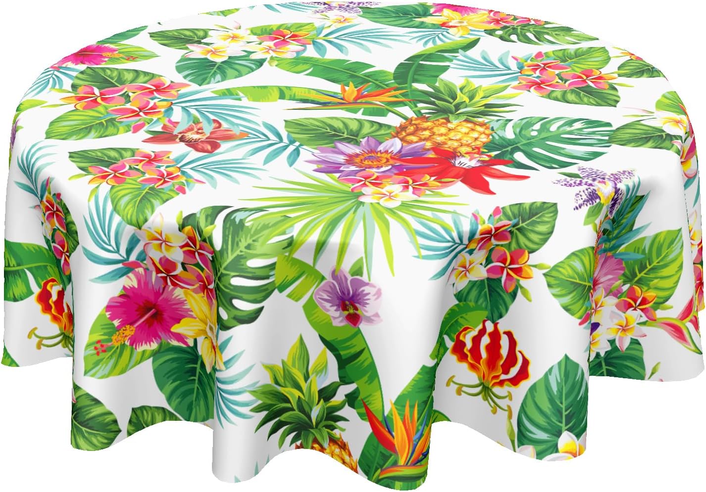 Tropical Leaves Round Tablecloth 60 Inch Summer Palm Leaf Floral Pineapple Outdoor Decorative Table Cloth Hawaiian Flower Washable Polyester Table Cover for Kitchen Dining Room Party Home Decor