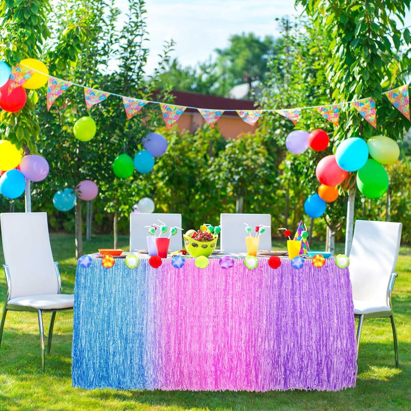 4 Pack Luau Grass Table Skirt Colorful - Hawaiian Tropical Table Skirt