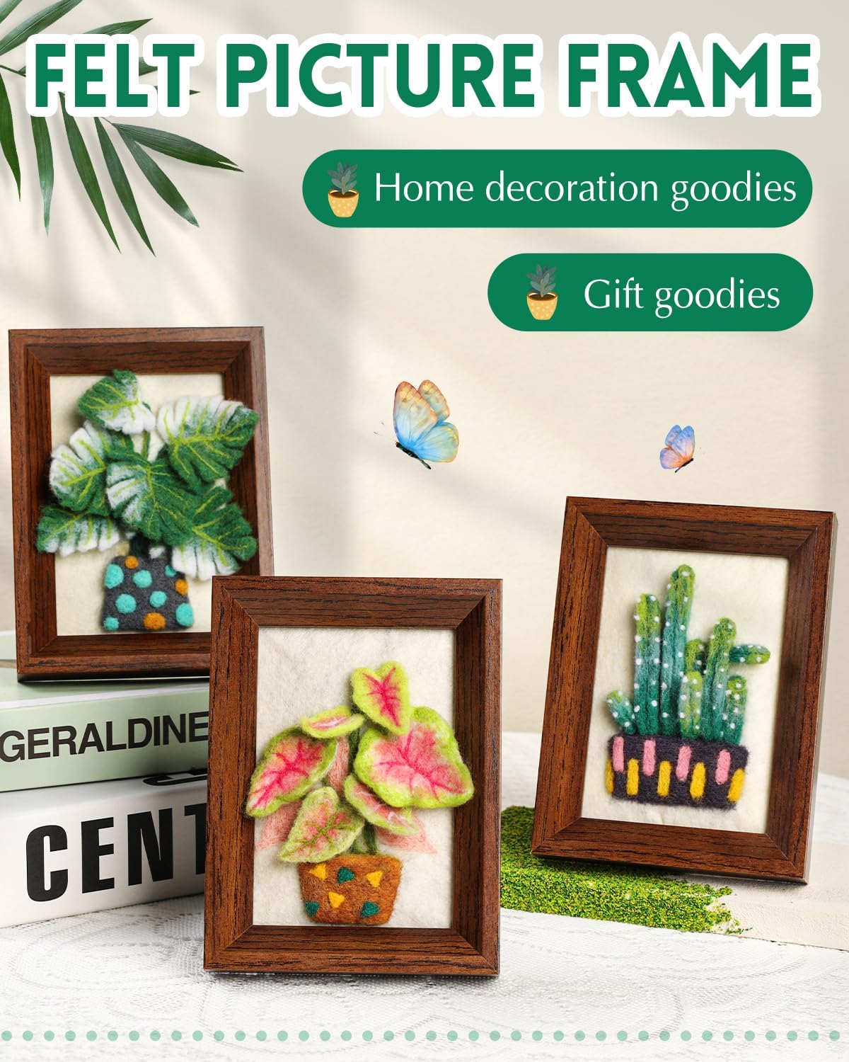Needle Felting Kit- Wool Felting Art Supplies with Frame & Tools (3 Potted Plants) | Needle Felt Painting Kit for Adults Includes Felting Needles, Fabric Sheet, Instructions