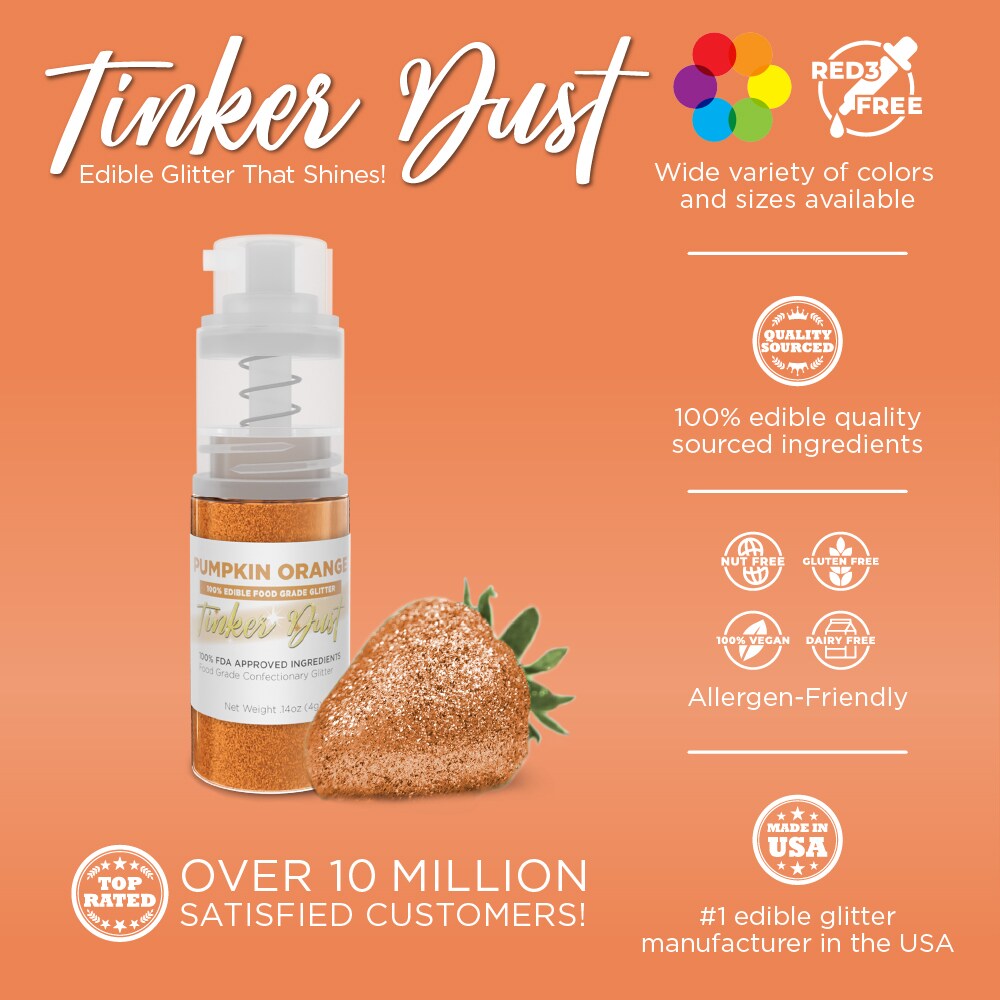 Bakell - Pumpkin Orange Tinker Dust Edible Glitter (4g, 1x Spray Pump) for Food, Desserts, and Beverages!