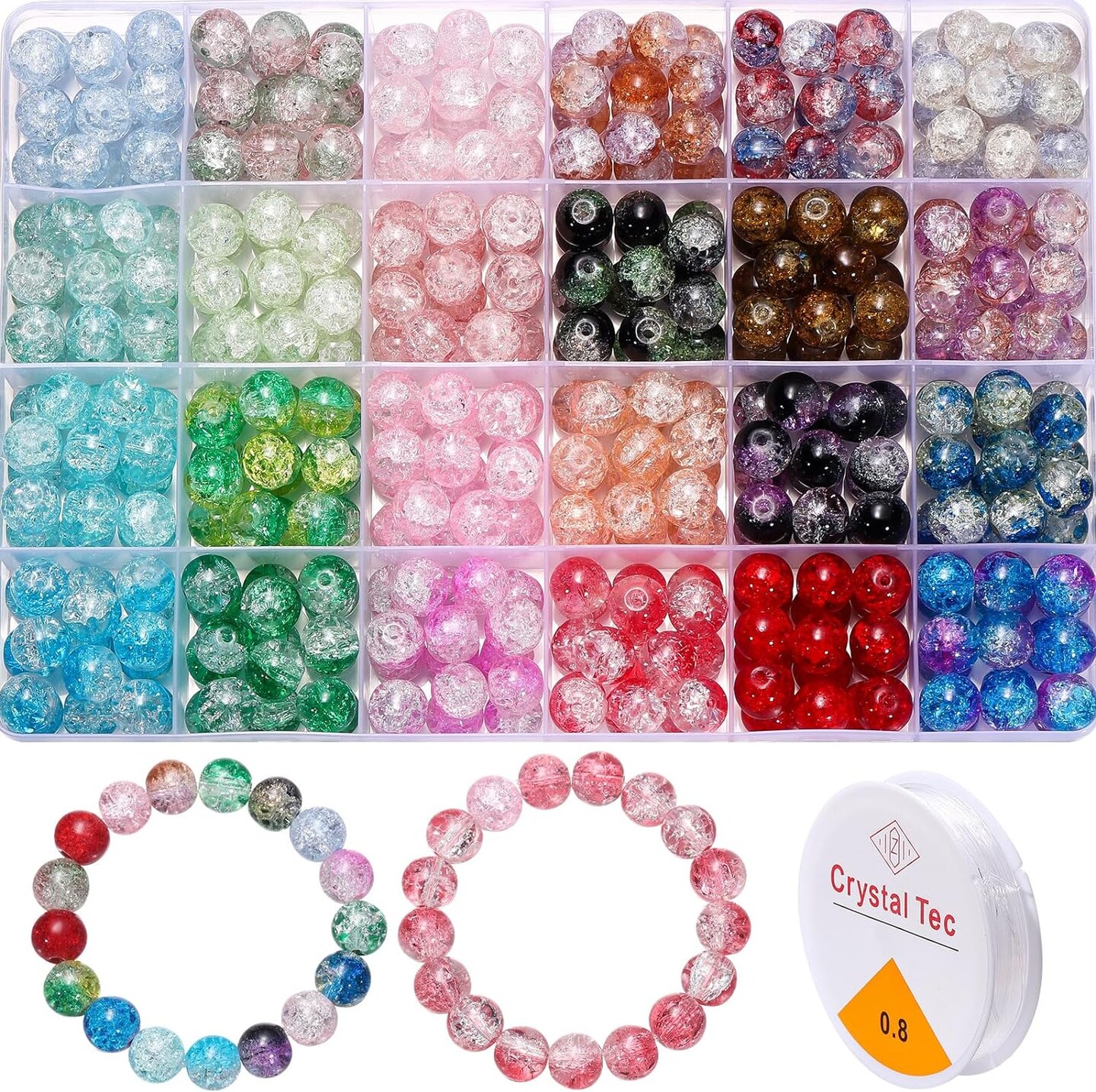 408 Pcs 10mm Crackle Glass Beads for Jewelry Making Crafts DIY, 24 Colors