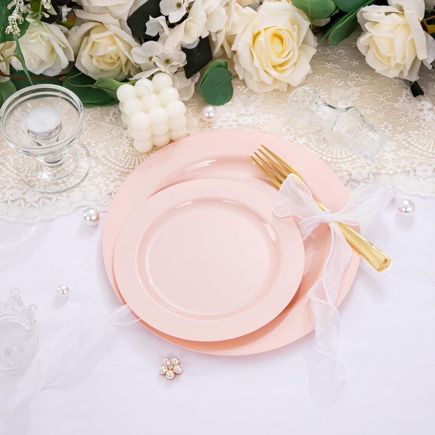 60PCS Pink Plastic Plates - Heavy Duty Pink Plates Disposable for Party(Pink)30PCS 10.25inch &#x26; 30PCS 7.5inch
