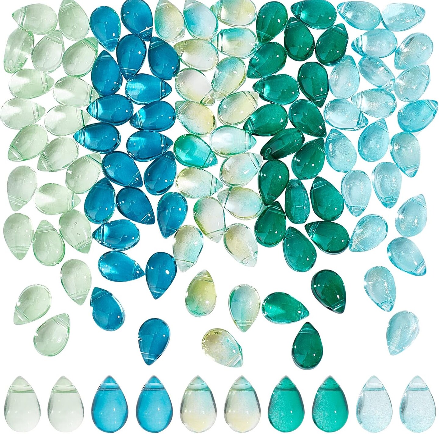 100 Pcs Teardrop Czech Glass Beads, 5 Colors Transparent Crystal Beads with Glitter Water Drop Loose Pendants Beads