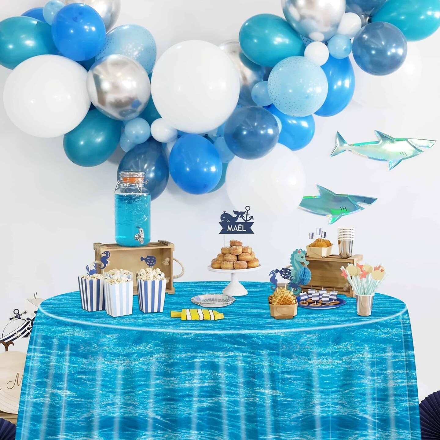 Round Ocean Waves Tablecloths 84 x 84 Inch Under The Sea Party Decorations Ocean Tablecloth Water Print Table Cover