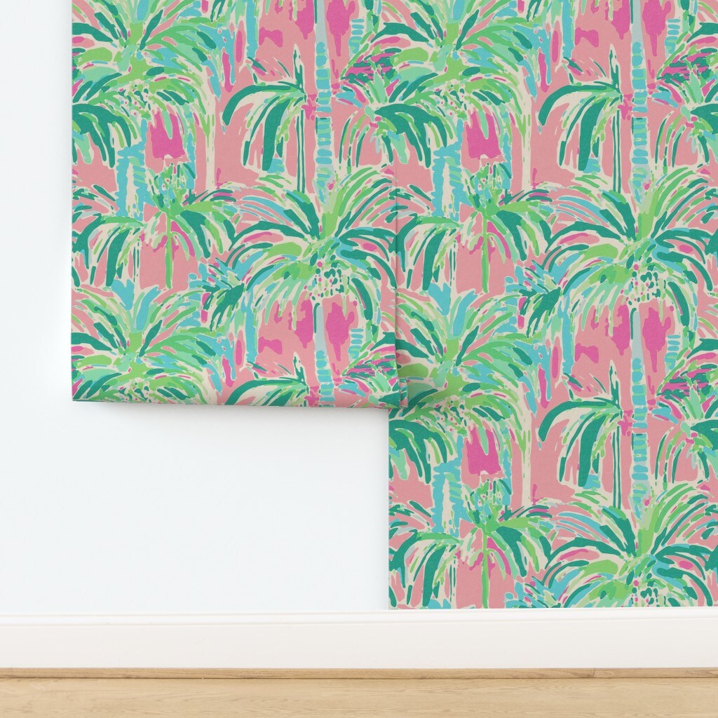 Abstract Botanical Green Pink Aqua Coastal Beach Trees Seaside Retro Island Custom Pre-pasted Wallpaper by Spoonflower Pre-Pasted Wallpaper 2FT Wide