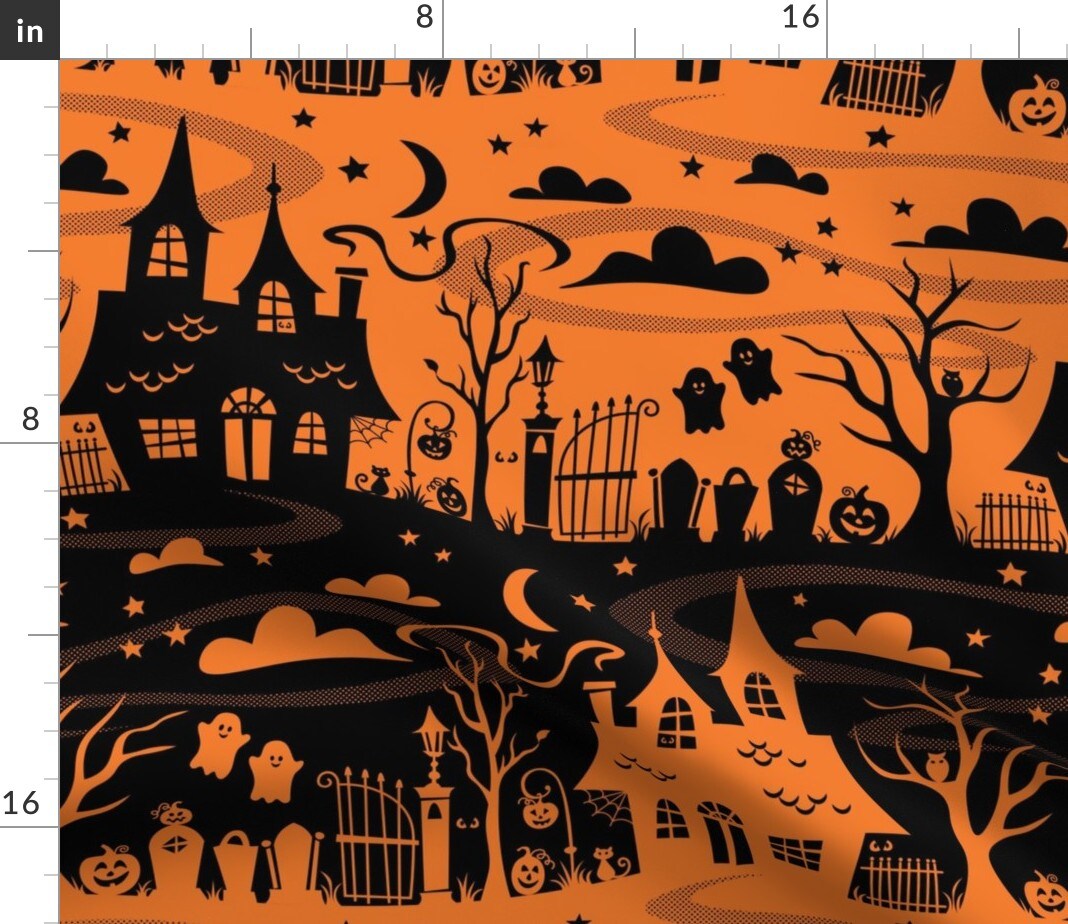 Spooky Halloween Black Orange Whimsical Ghost Pumpkin Cemetery Custom Printed Fabric by Spoonflower Various Fabrics by the Yard or Fat Quarter