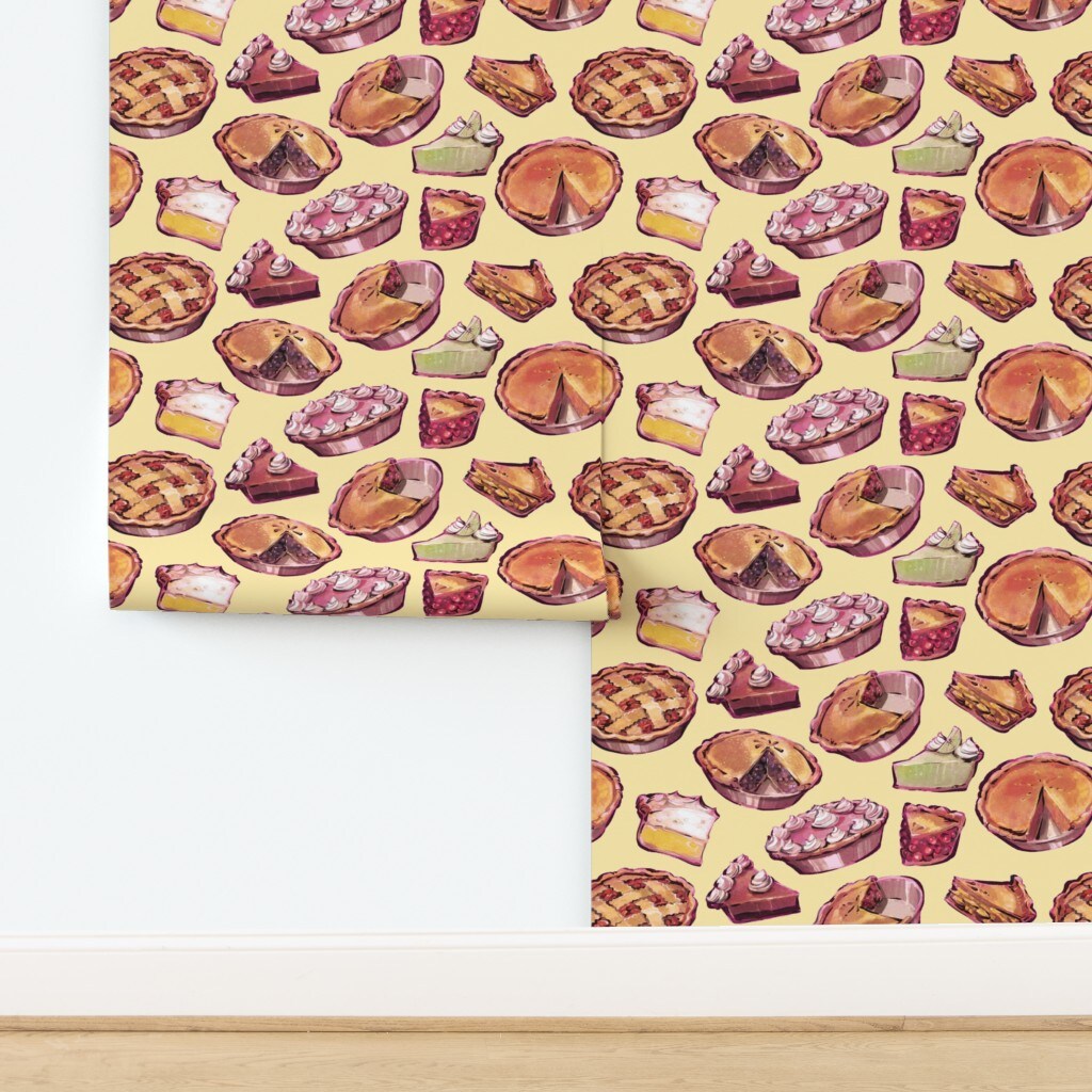 Vintage Retro Yellow Summer Pie County Fair Watercolor Sugar Dessert Bakery Pastries Nostalgia Cherry Butter Large Scale Lemon Plate Custom Removable Wallpaper by Spoonflower Peel & Stick Wallpaper 2FT Wide