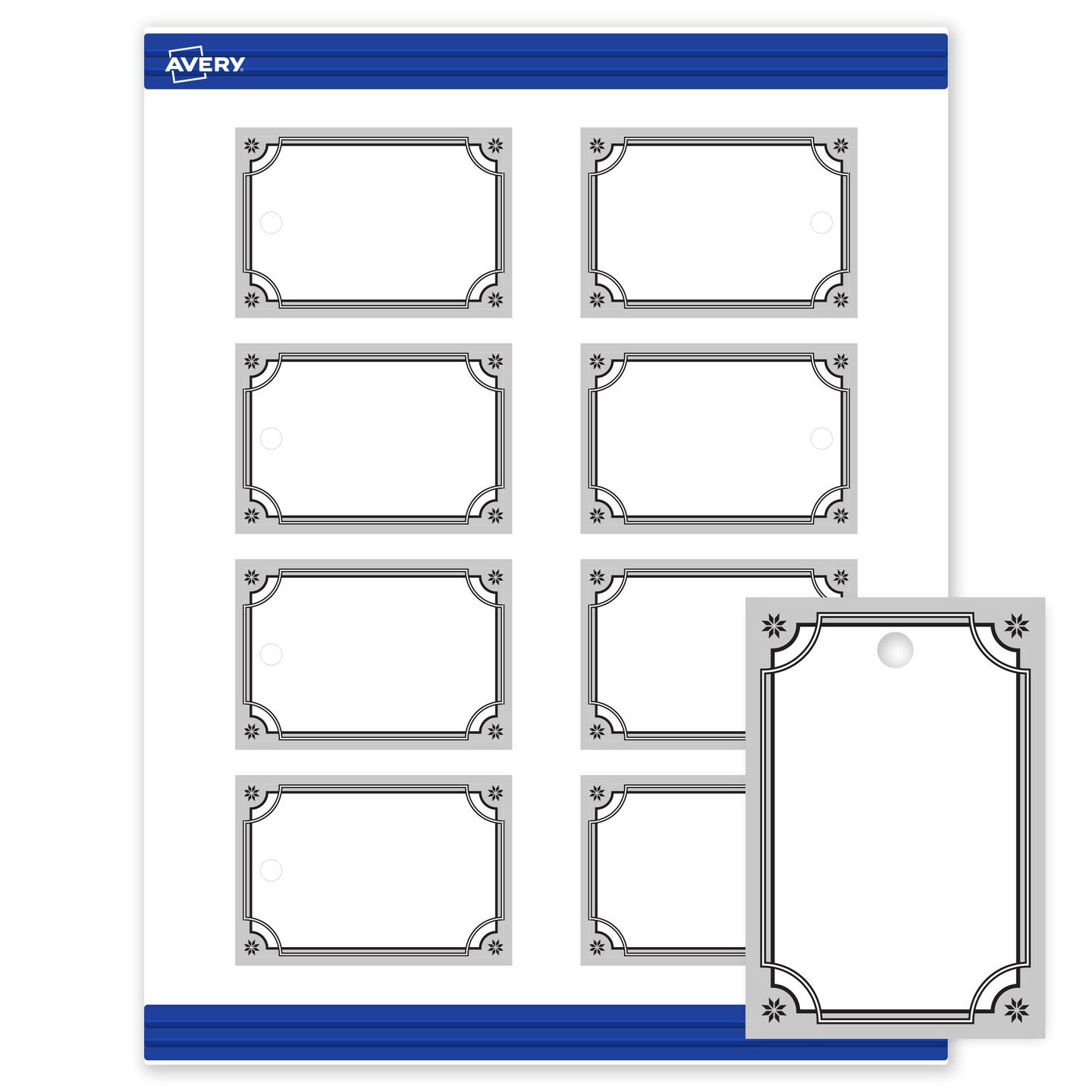Avery Printable Rectangle Tags, 2" x 3", Matte White, Pre-printed Metallic Silver Border/Black Frame Design, Sure Feed Technology, Laser & Inkjet Compatible, 160 Total