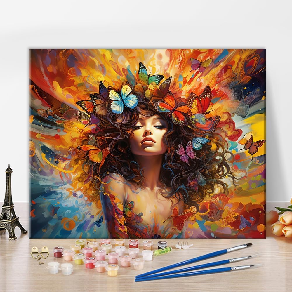 Vibrant Paint by Number for Adults, Butterfly and Lovely Girl Paint by Numbers, DIY Oil Painting Kit with Brushes and Pigment, Portrait of Adorable Oil Painting, 16&#x22;x20&#x22;