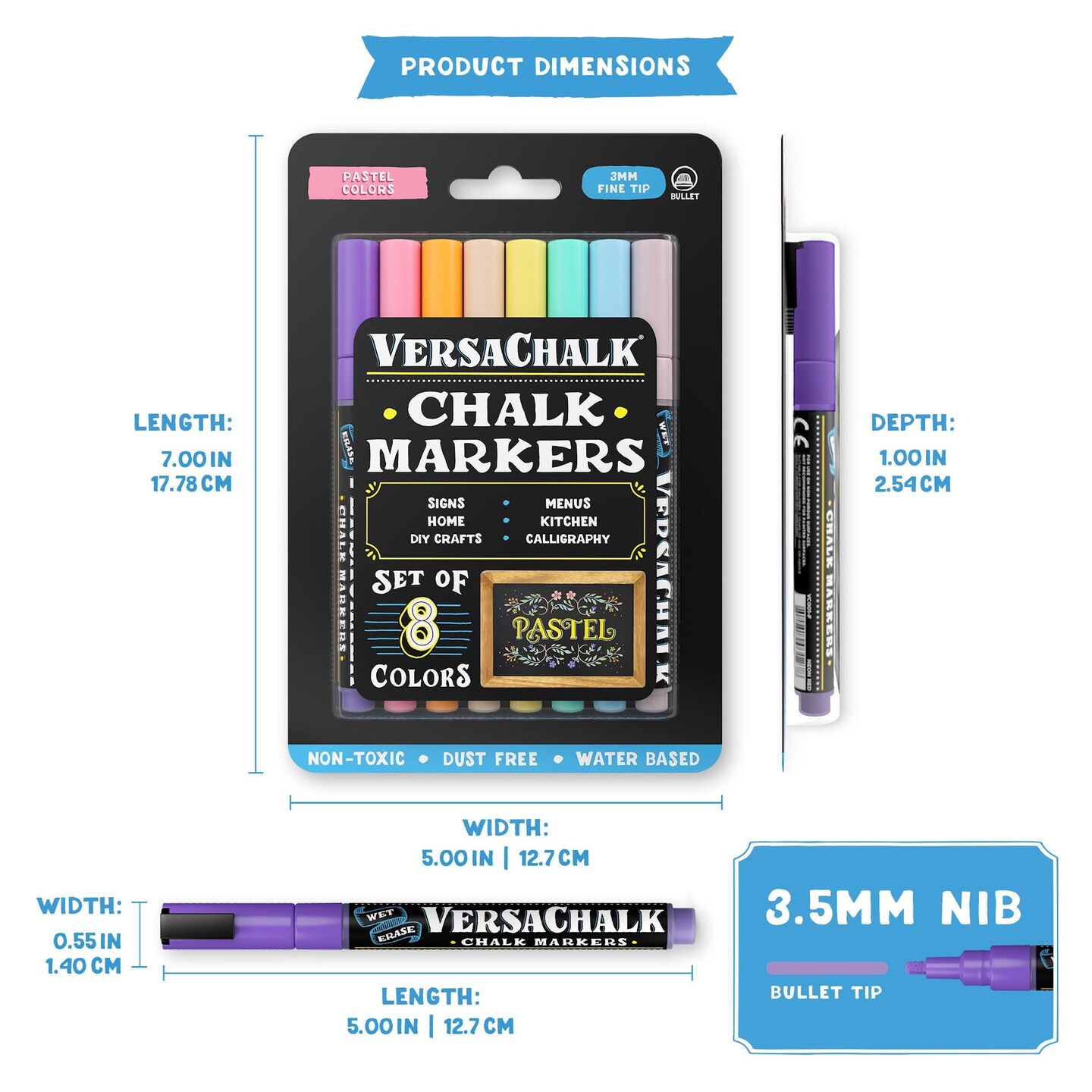 VersaChalk Pastel Liquid Chalk Markers, Set of 8- 3mm Tip