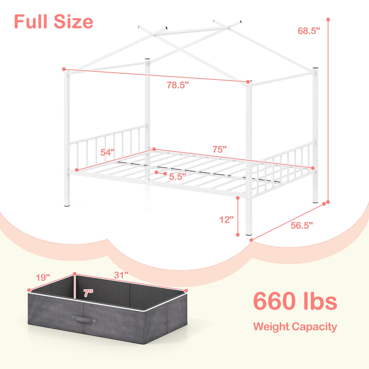 Full Size Metal House Bed with Storage Drawers, Noise-Reducing Slats and 660 lbs Capacity