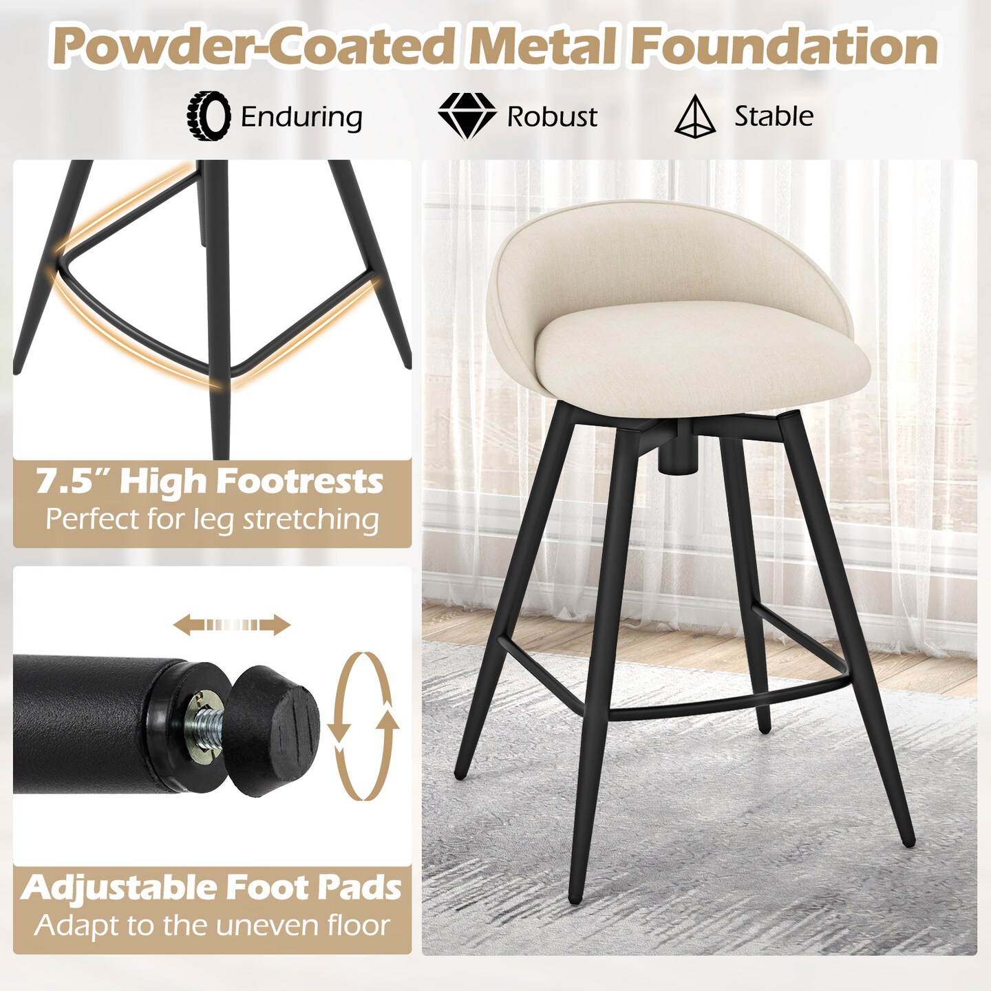 Set of 2 Upholstered Bar Stools with Footrest and Backrest for Kitchen Island