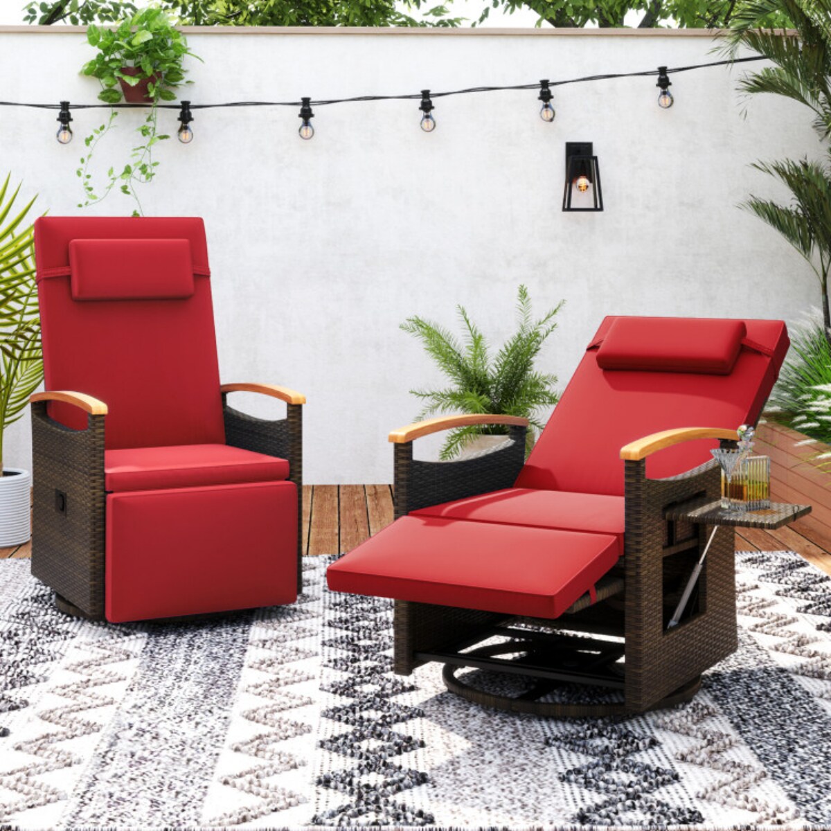 Brown Rattan Swivel Recliner Chair with Adjustable Backrest, Cushion and Foldable Side Table