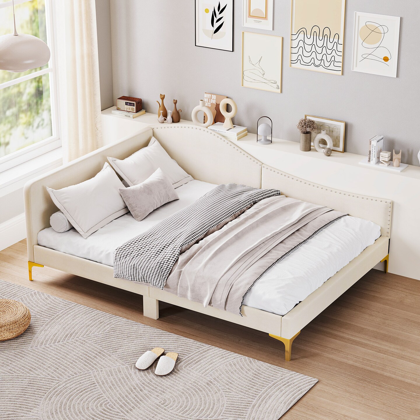 Beige Solid Wood Linen Fabric Daybed with Rivet Tufted Design